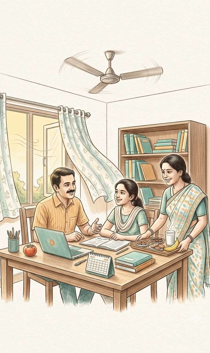 A father, mother and daughter studying together at a table at home