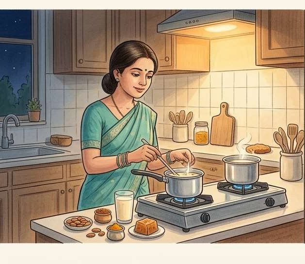 A mother preparing food in the kitchen