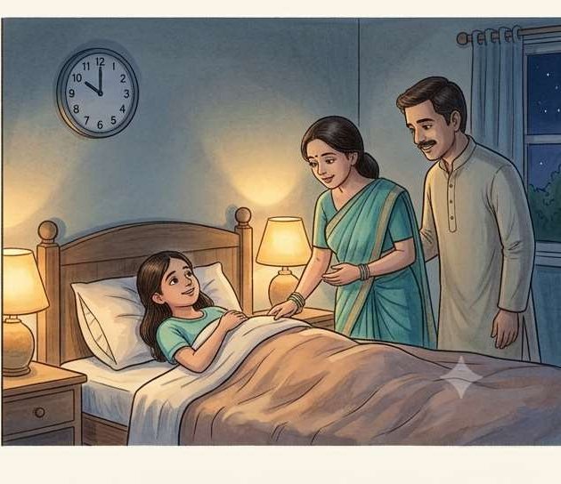 Parents tucking their daughter into bed